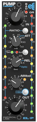 Black audio processor module panel with five rotary knobs, three push buttons, multiple colored LEDs, and white and blue labeling.