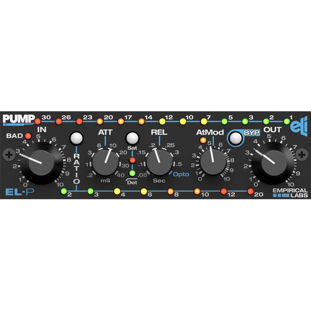 Front panel of an audio hardware device with multiple knobs, LED indicators, and a bypass button.