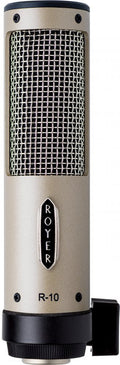 Front view of a silver and black ROYER R-10 microphone with metal grille and connector at the base.