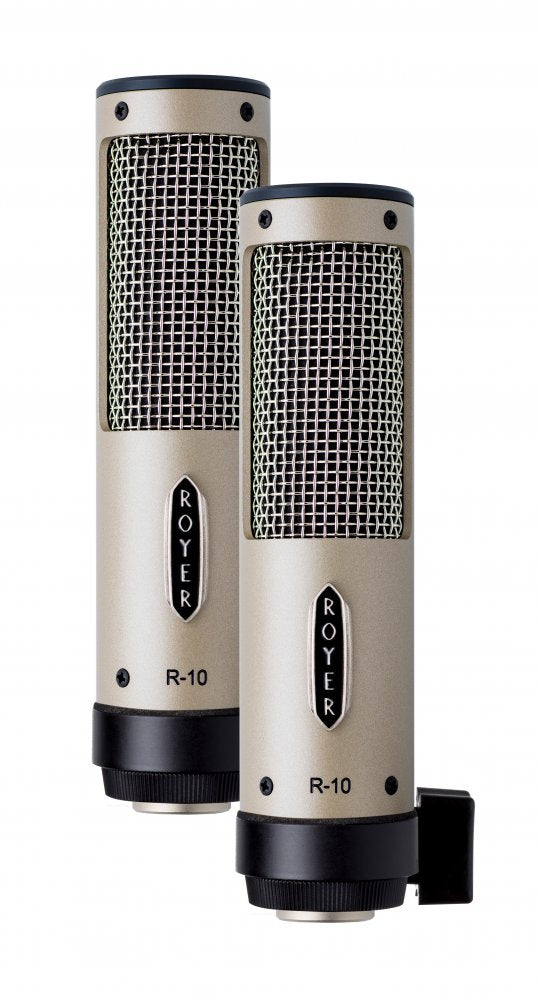 Two beige and black cylindrical ROYER R-10 microphones with metal mesh grilles are shown side by side.