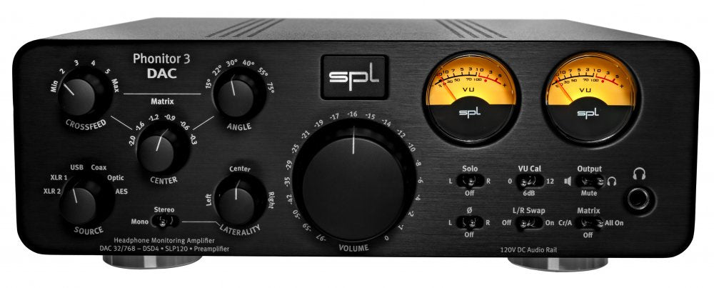 Front panel of a black SPL Phonitor 3 DAC headphone monitoring amplifier with knobs, switches, VU meters, and a headphone jack.