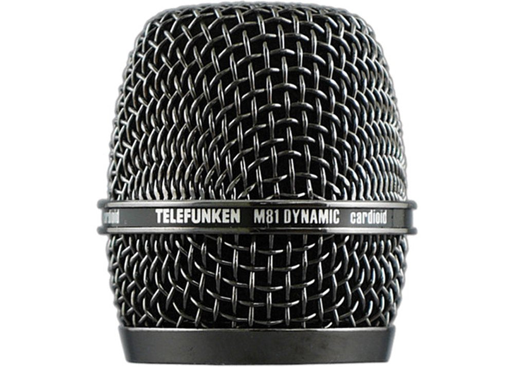 Close-up of a black metal microphone grille labeled TELEFUNKEN M81 DYNAMIC cardioid.