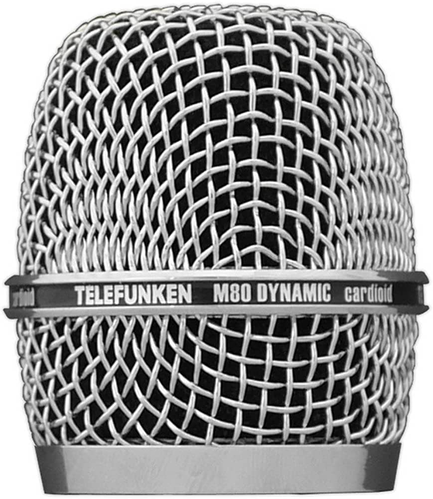 Close-up front view of a metal microphone grill with TELEFUNKEN M80 DYNAMIC cardioid text band.