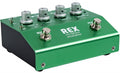 Green and black microphone preamplifier device with knobs, toggle switches, and two footswitches.