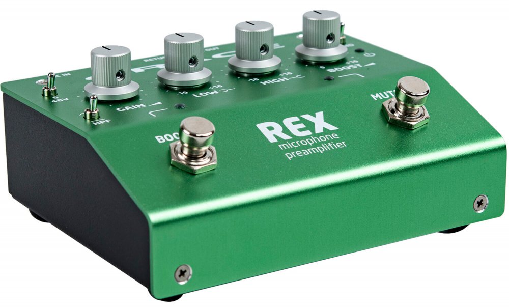 Green and black microphone preamplifier device with knobs, toggle switches, and two footswitches.
