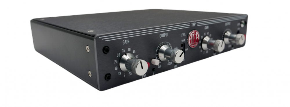 Black metal audio device with four control knobs and front panel markings including gain and output levels.