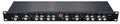 Front panel of a black rackmount audio device with multiple knobs, switches, and red indicator lights.