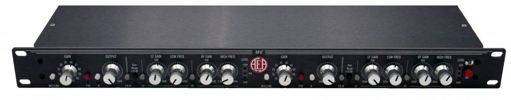 Front panel of a black rackmount audio device with multiple knobs, switches, and red indicator lights.
