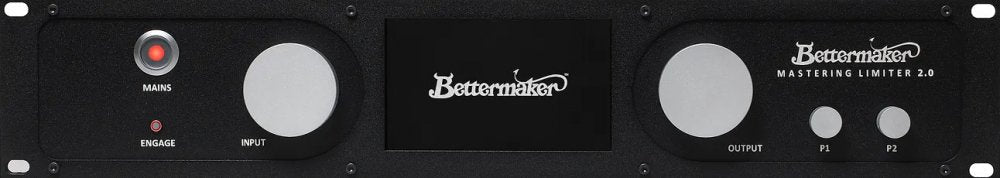 Front panel of a Bettermaker Mastering Limiter 2.0 audio processor with knobs and buttons labeled Mains, Engage, Input, Output, P1, and P2.