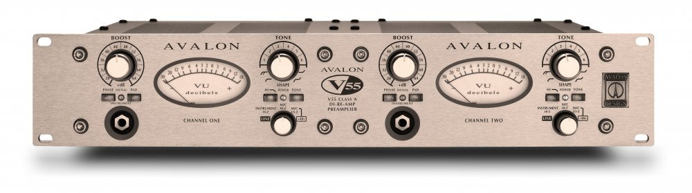 Silver Avalon V5 Class A VLS-2A-A dual channel preamplifier with knobs, switches, and 1/4 inch jacks on front panel.