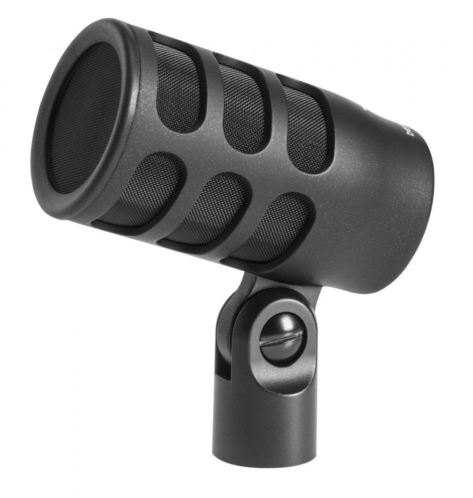 Black cylindrical microphone with metal mesh grille and adjustable mount attachment.