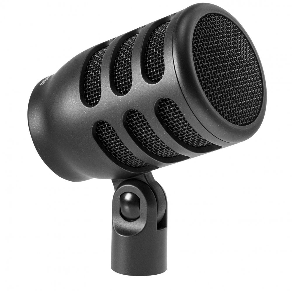 Black microphone with grille and adjustable mount attachment shown from the side.