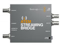 Gray Blackmagic Design ATEM Streaming Bridge converter with BNC, Ethernet, HDMI, and USB ports shown from top view.
