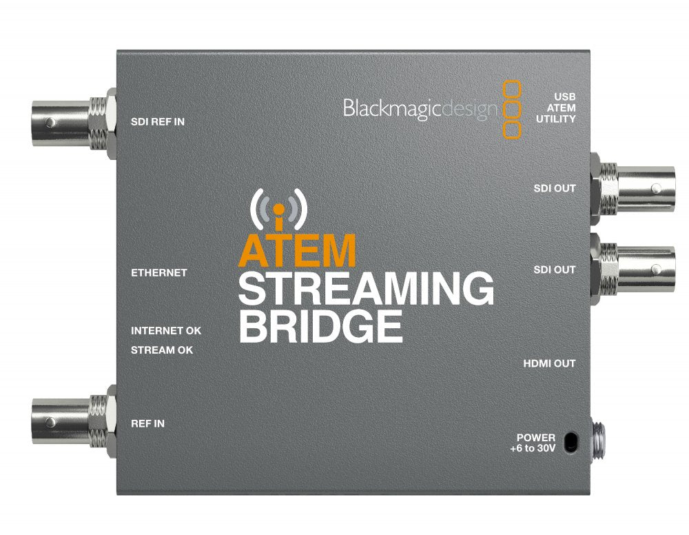 Gray Blackmagic Design ATEM Streaming Bridge converter with BNC, Ethernet, HDMI, and USB ports shown from top view.