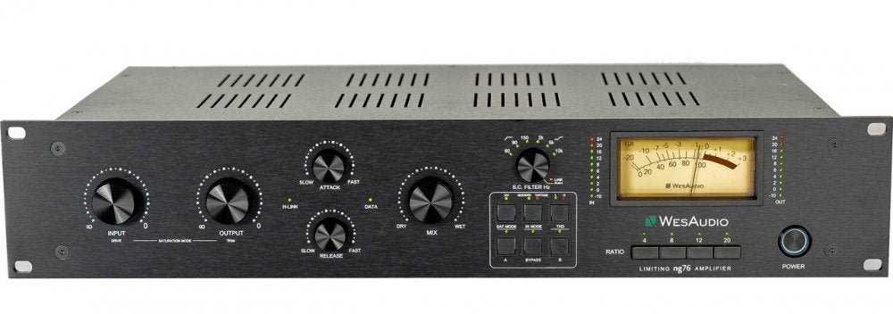 Front panel of WesAudio ng76 limiter with knobs, buttons, and a large analog VU meter.