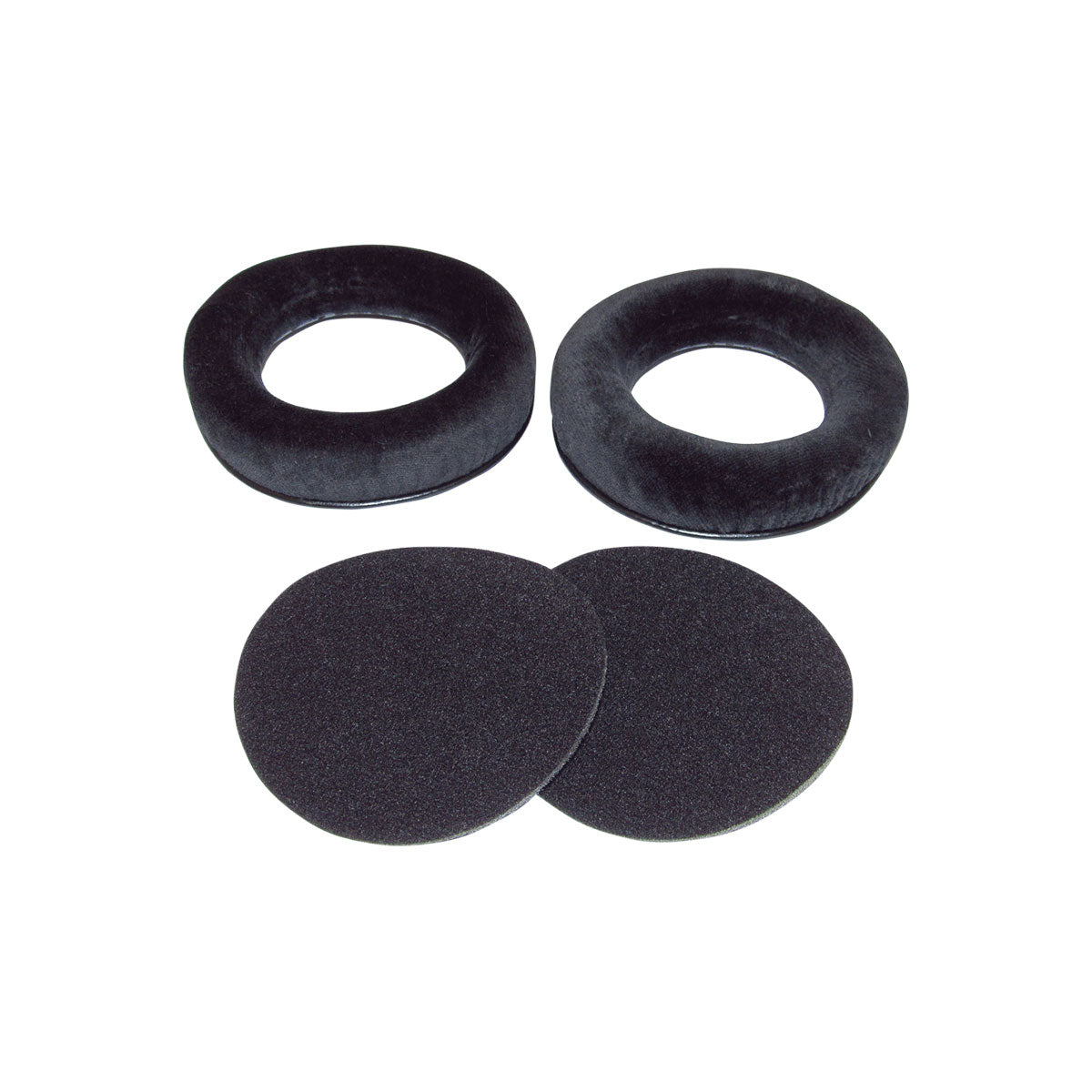 Two black fabric ear pads and two round foam inserts for headphones on a white background.