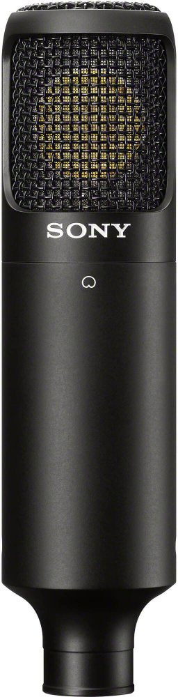 Black Sony microphone with visible grille and gold inner mesh.