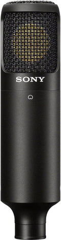 Black Sony microphone with visible grille and gold inner mesh.