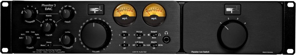 Front panel of a black SPL Phonitor 3 DAC headphone amplifier with knobs, VU meters, soft buttons, and a headphone jack.
