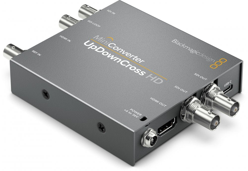 Gray Blackmagic Design Mini Converter UpDownCross HD with multiple BNC connectors, HDMI and USB-C ports.