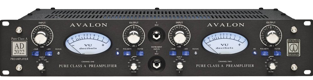 Front panel of black Avalon AD2022 preamplifier with knobs, VU meters, switches, and instrument inputs.