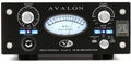 Front panel of a black Avalon V5 preamplifier with control knobs, buttons, VU meter, and an instrument input jack.
