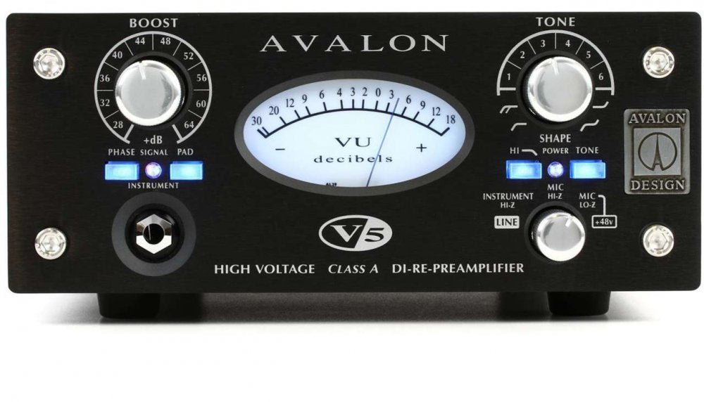 Front panel of a black Avalon V5 preamplifier with control knobs, buttons, VU meter, and an instrument input jack.