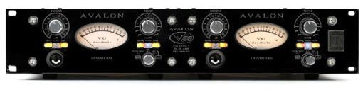 Front panel of a black Avalon audio device with knobs, VU meters, toggle switches, and XLR input.