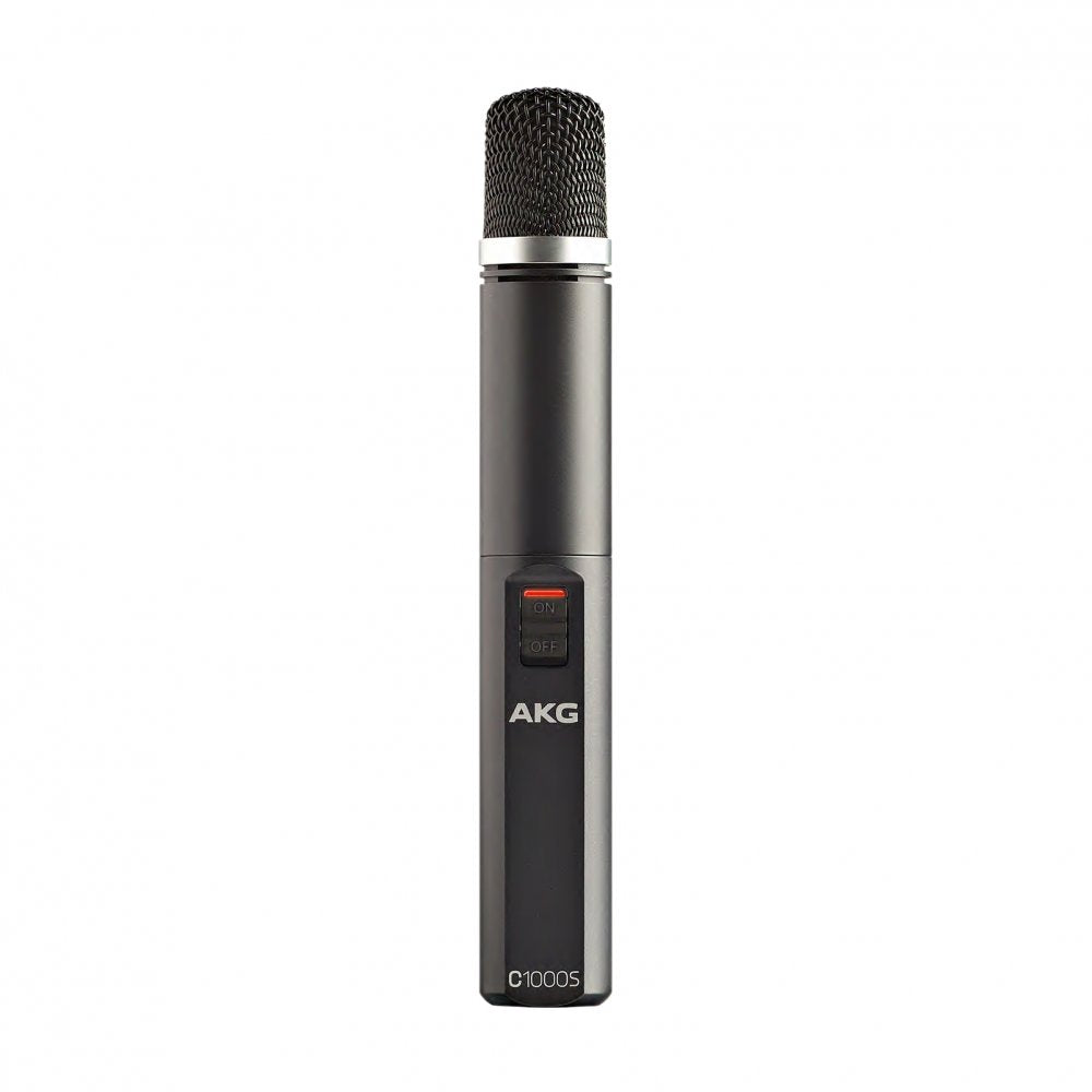 Black and silver cylindrical microphone with on/off switch and AKG branding.