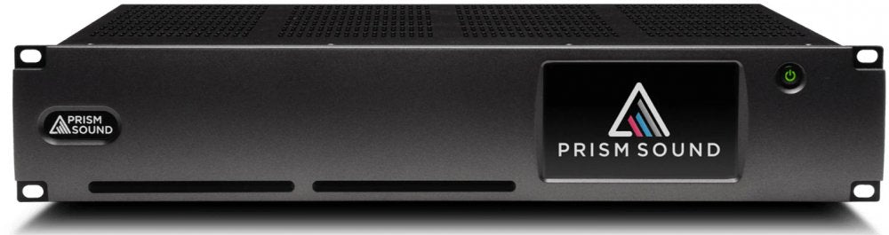 Black metal mainframe chassis with Prism Sound logo and a green power button on the front panel.