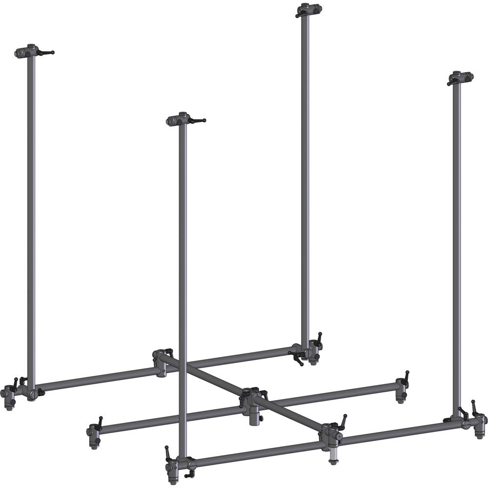 Metal frame assembly with vertical and horizontal rods connected by adjustable knobs.