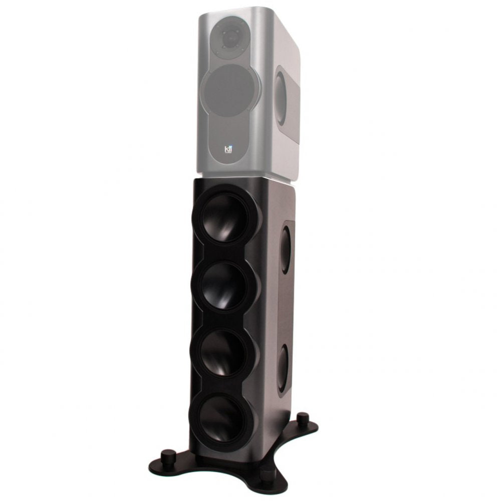 Tall dark grey and black studio monitor speaker with multiple drivers and a black stand base.