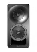 Front view of a black Kali Audio studio monitor speaker with two speaker drivers and a front bass port.