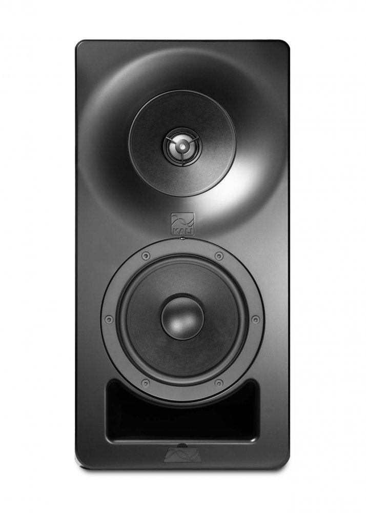 Front view of a black Kali Audio studio monitor speaker with two speaker drivers and a front bass port.