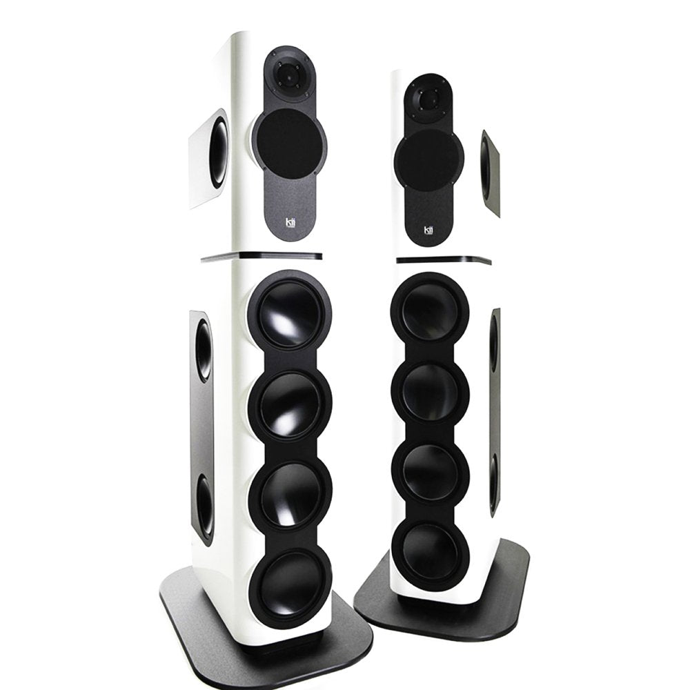 Pair of tall white and black studio monitor speakers with multiple driver cones and side ports on black stands.