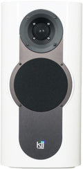 Single white speaker with black round speaker covers and small illuminated logo at bottom front.
