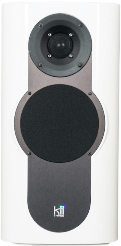 Single white speaker with black round speaker covers and small illuminated logo at bottom front.