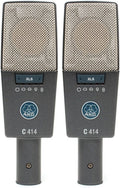 Two gray AKG C 414 microphones with metal mesh heads, controls, and connectors shown side by side.