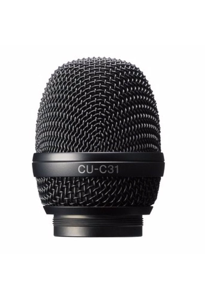 Close-up front view of a black metal mesh microphone head with CU-C31 label and threaded connector base.