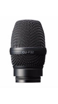 Close-up view of a black metal microphone head labeled CU-F32 with a mesh grille and threaded base.