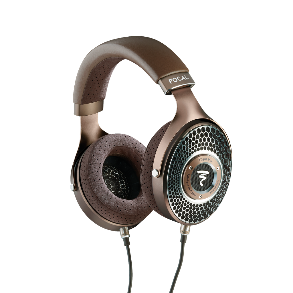 Over-ear wired headphones with brown ear cushions and metal frame featuring honeycomb grille design.