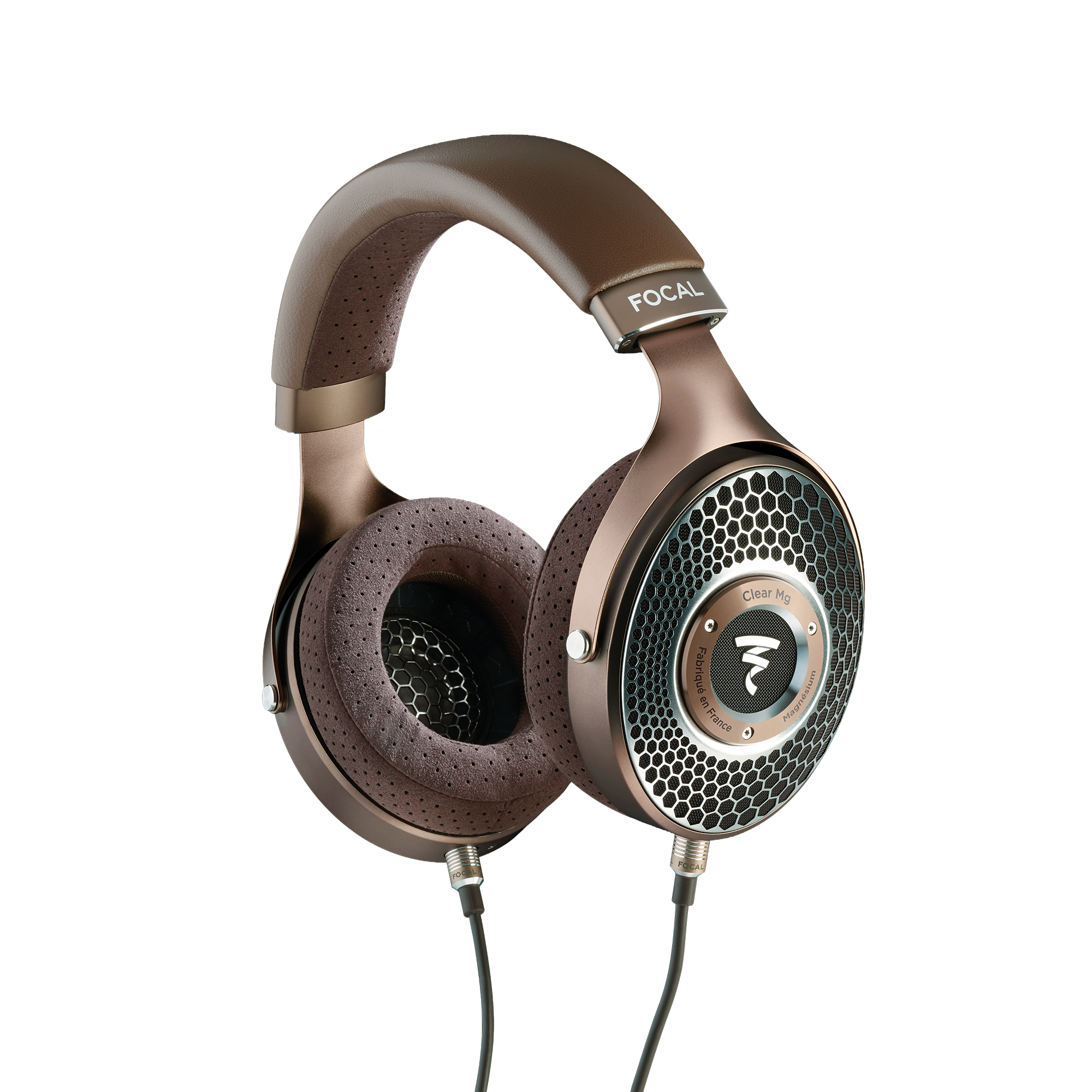 Over-ear wired headphones with brown ear cushions and metal frame featuring honeycomb grille design.
