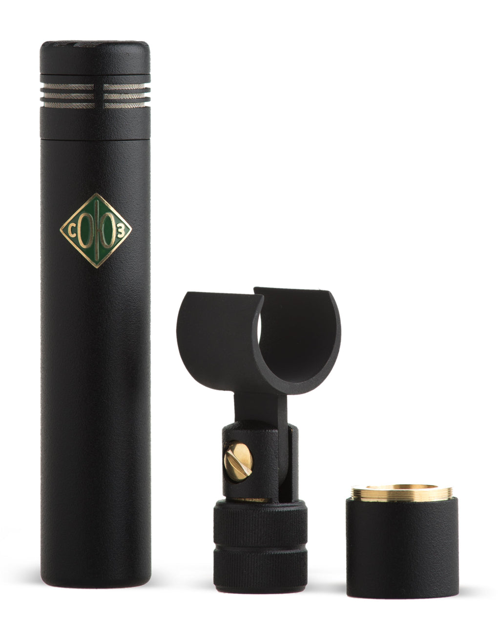Black microphone with logo, a black microphone clip, and a black threaded mounting adapter