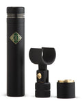 Black microphone with logo, a black microphone clip, and a black threaded mounting adapter