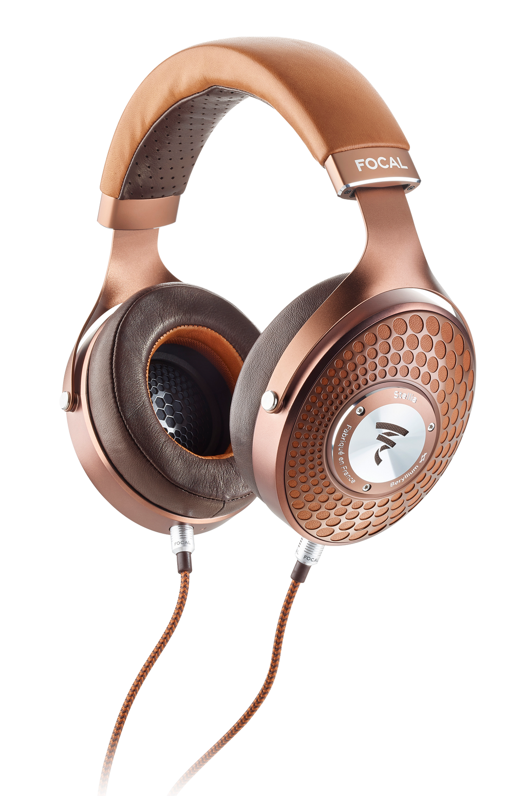 Over-ear wired headphones with brown leather cushions and copper metal frame labeled FOCAL Stellia.