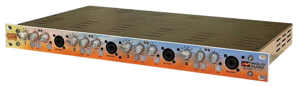 Silver and orange 19-inch rack unit with four combo mic/instrument inputs and multiple control knobs per channel.