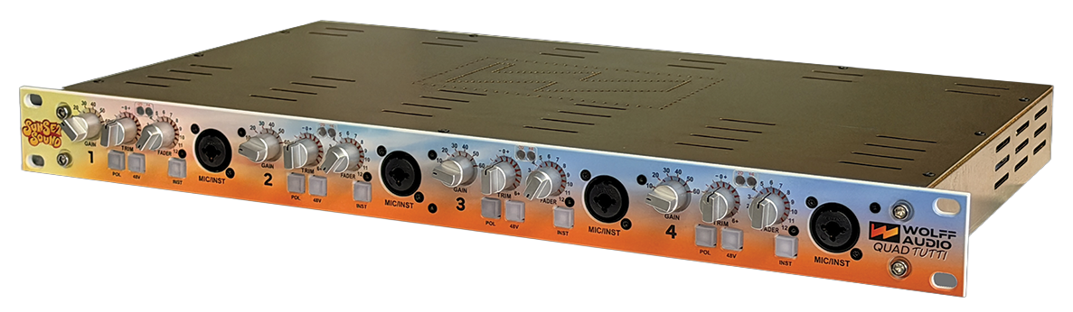 Silver and orange 19-inch rack unit with four combo mic/instrument inputs and multiple control knobs per channel.