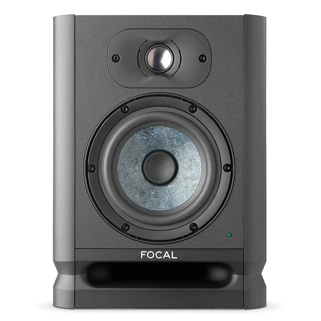 Front view of a black and gray Focal studio monitor speaker with one woofer and one tweeter.