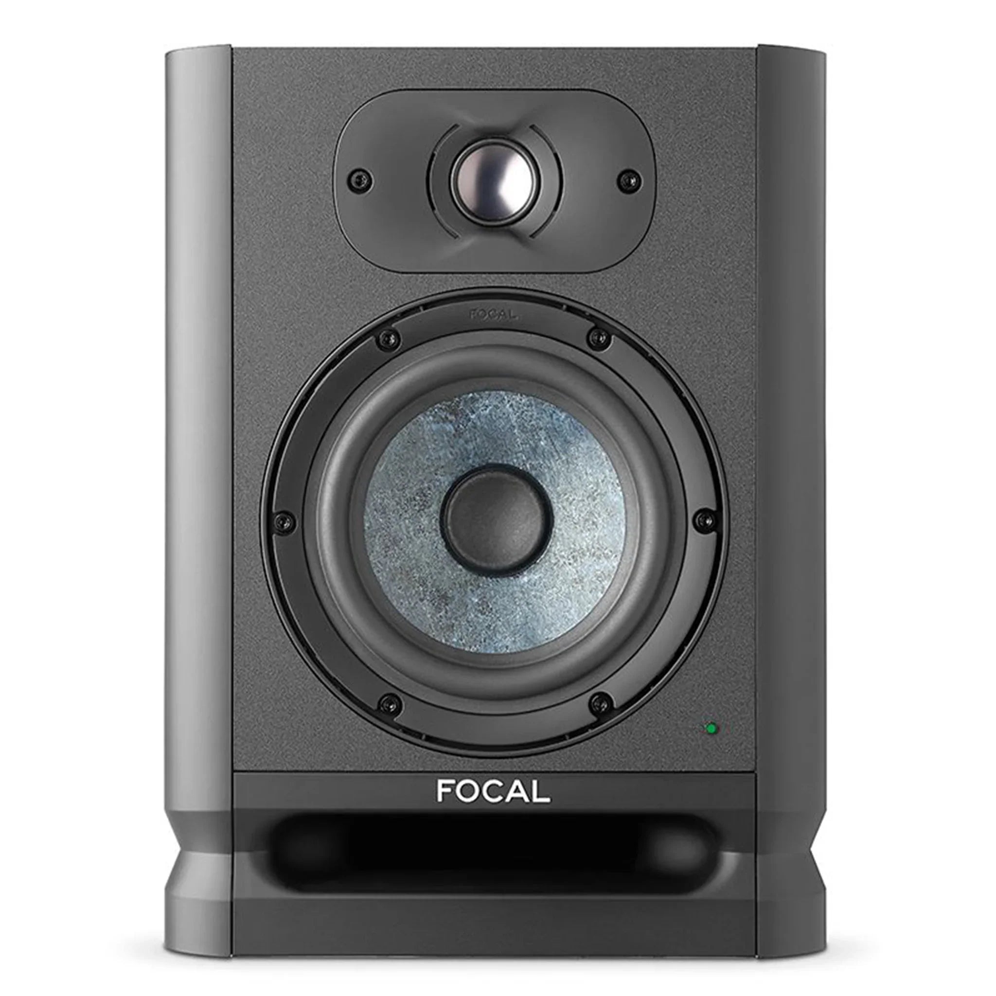 Front view of a black and gray Focal studio monitor speaker with one woofer and one tweeter.