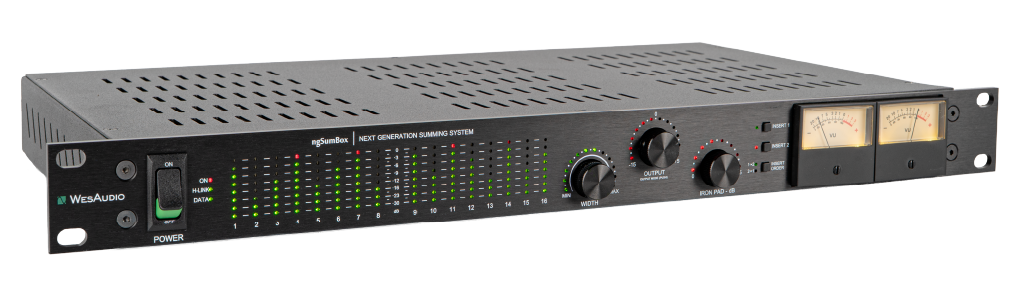 Black WESAUDIO ngSumBox audio summing system with LED level meters, knobs, and VU meters in a rack unit.